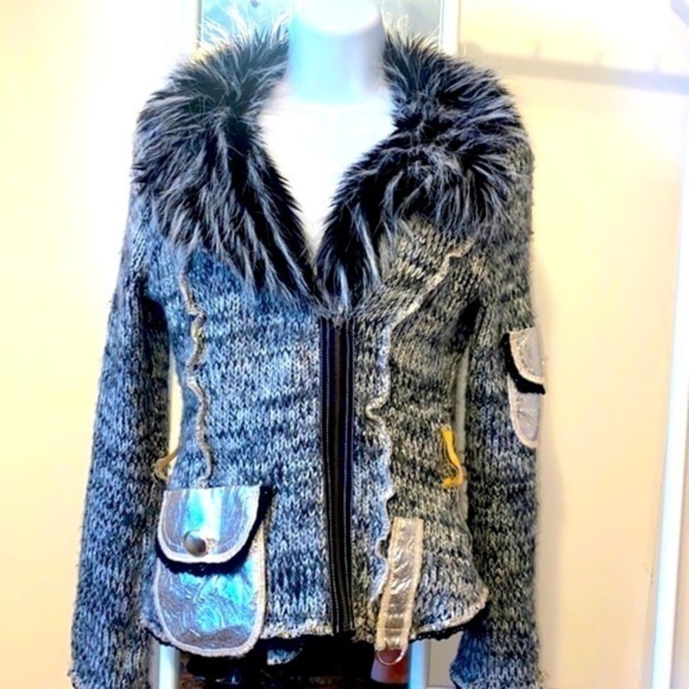 Lucy Paris Grey fur trimmed retro cardigan/jacket